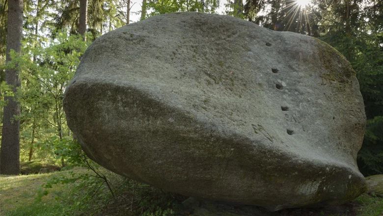 A large, oval boulder in the forest with sunbeams in the background.