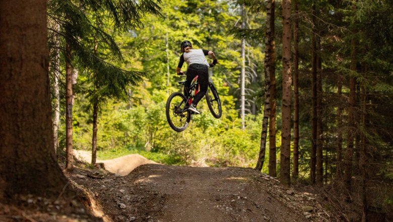 A mountain biker jumps over a hill on a forest path.