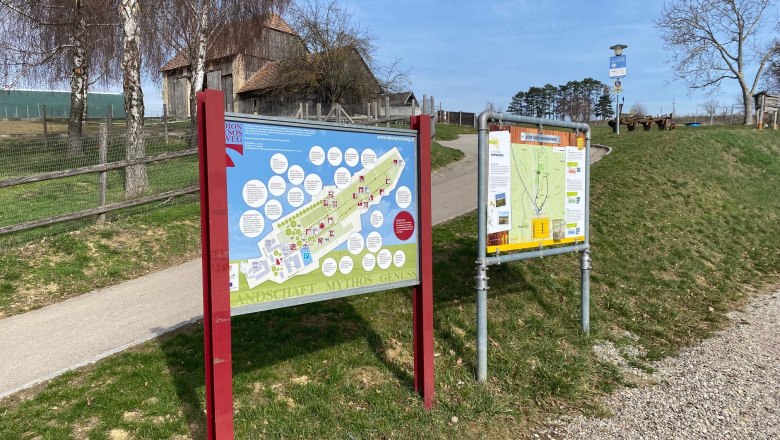 Signpost on the Dionysosweg in Mistelbach with maps and information.