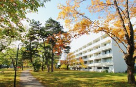 A white building next to an autumnal park with trees and a sidewalk in Bad V&ouml;slau.