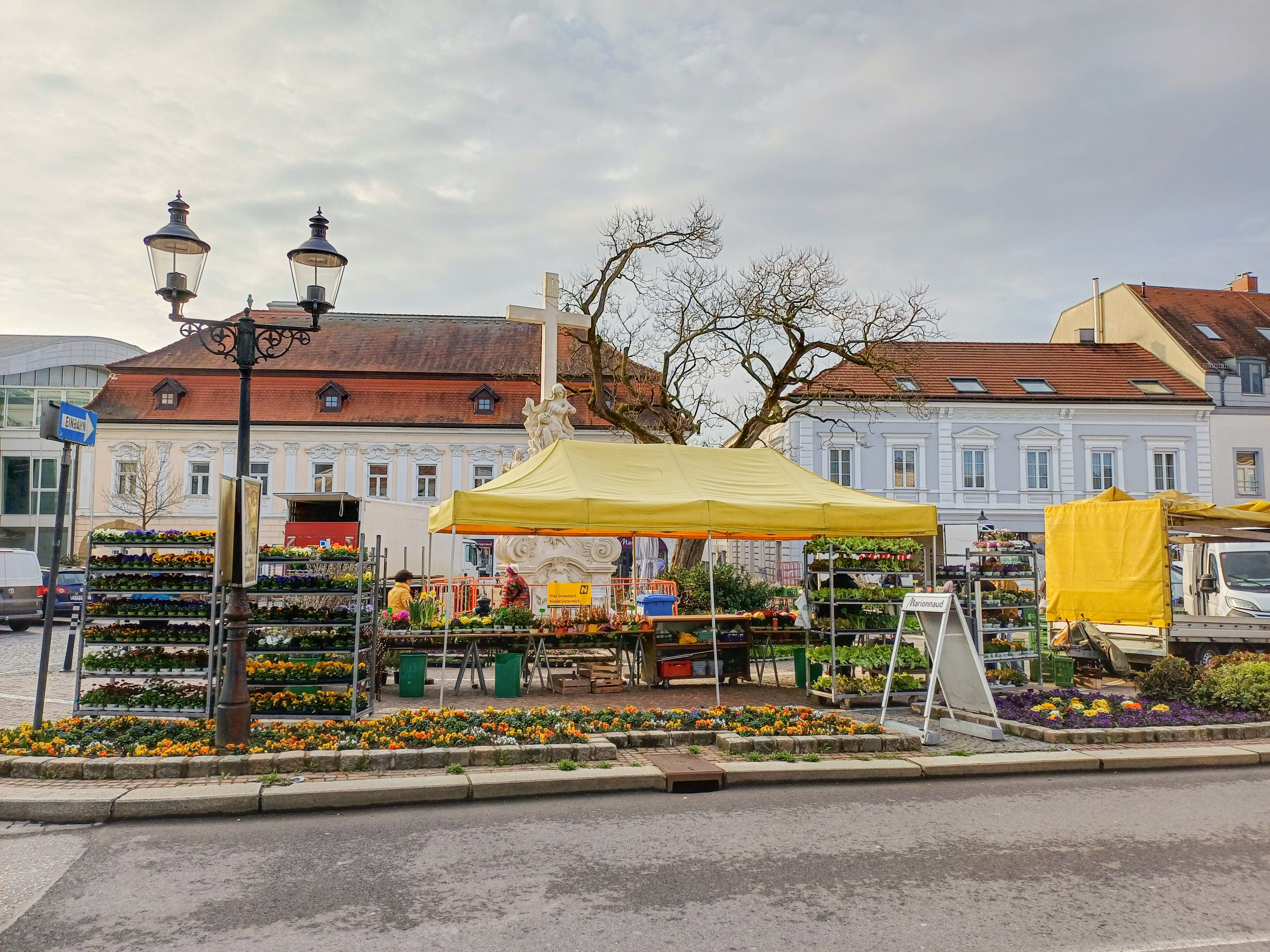 Weekly market in Stockerau with yellow tent and flower stalls.
