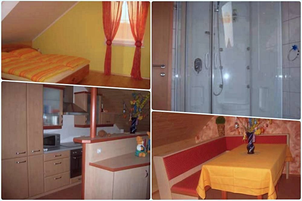 Collage of four images: a bedroom with yellow walls, a bathroom with a shower stall, a kitchen with wooden cabinets, and a dining area with a red bench and a yellow table.