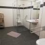 Barrier-free bathroom with shower, washbasin and grab rails.