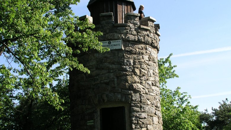 Stone observation tower with a pointed roof, surrounded by trees, under a clear sky.