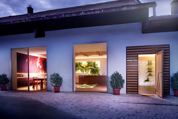 Exterior view of a modern winery with illuminated windows and plants.