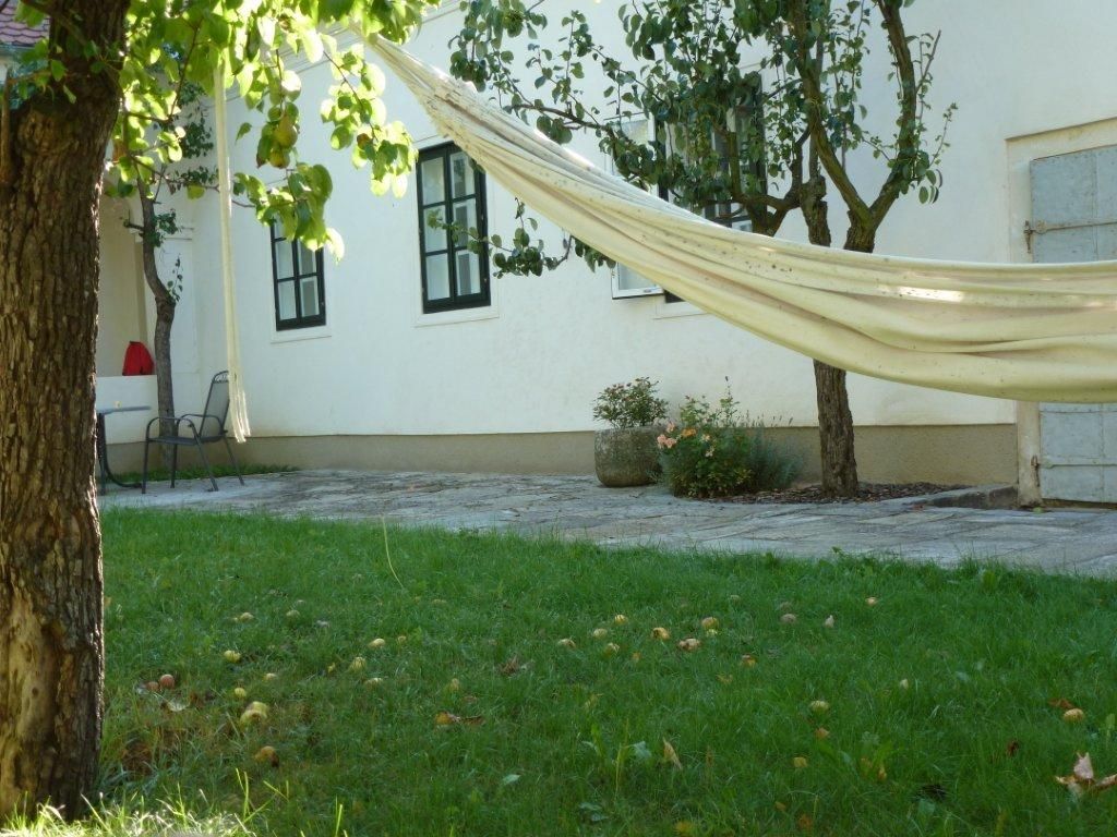 Inner courtyard with hammock, trees and lawn.