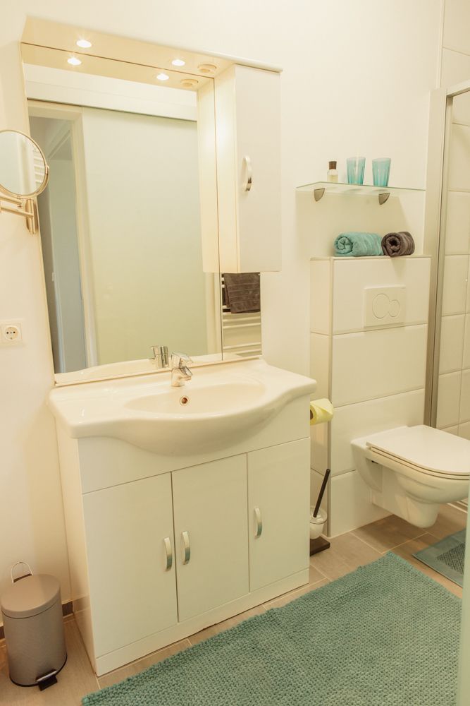 Modern bathroom with washbasin, mirror, toilet and shelves.