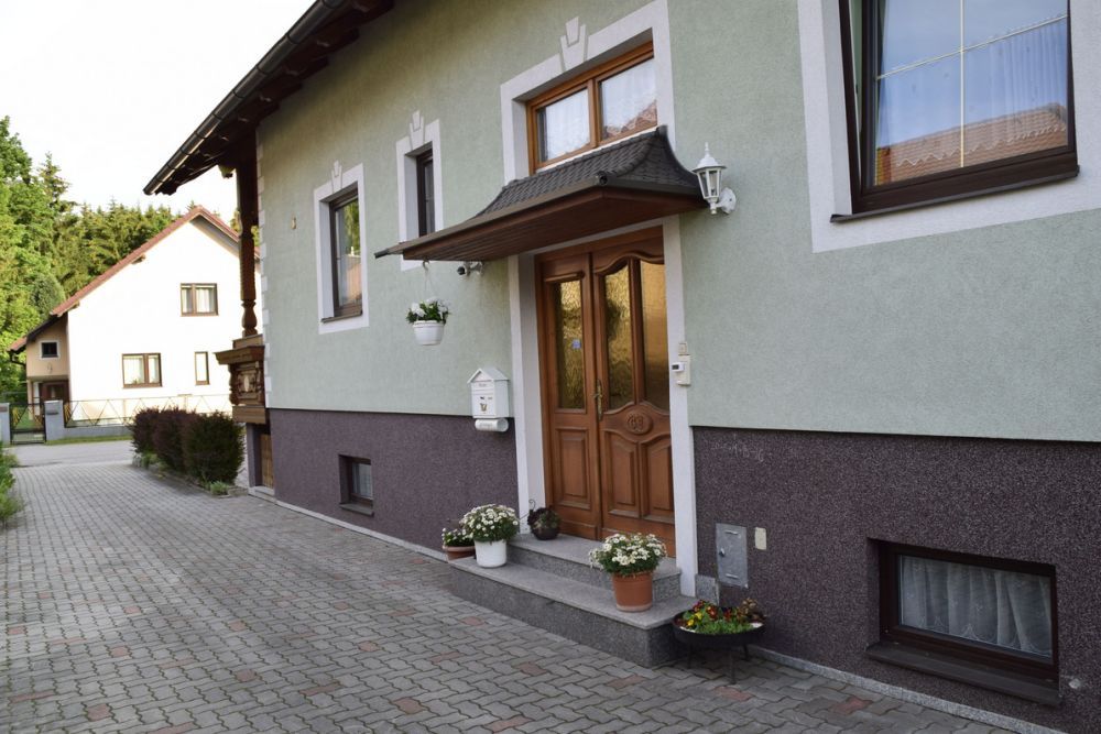 The entrance to a house with a green facade and a wooden door, surrounded by potted plants.