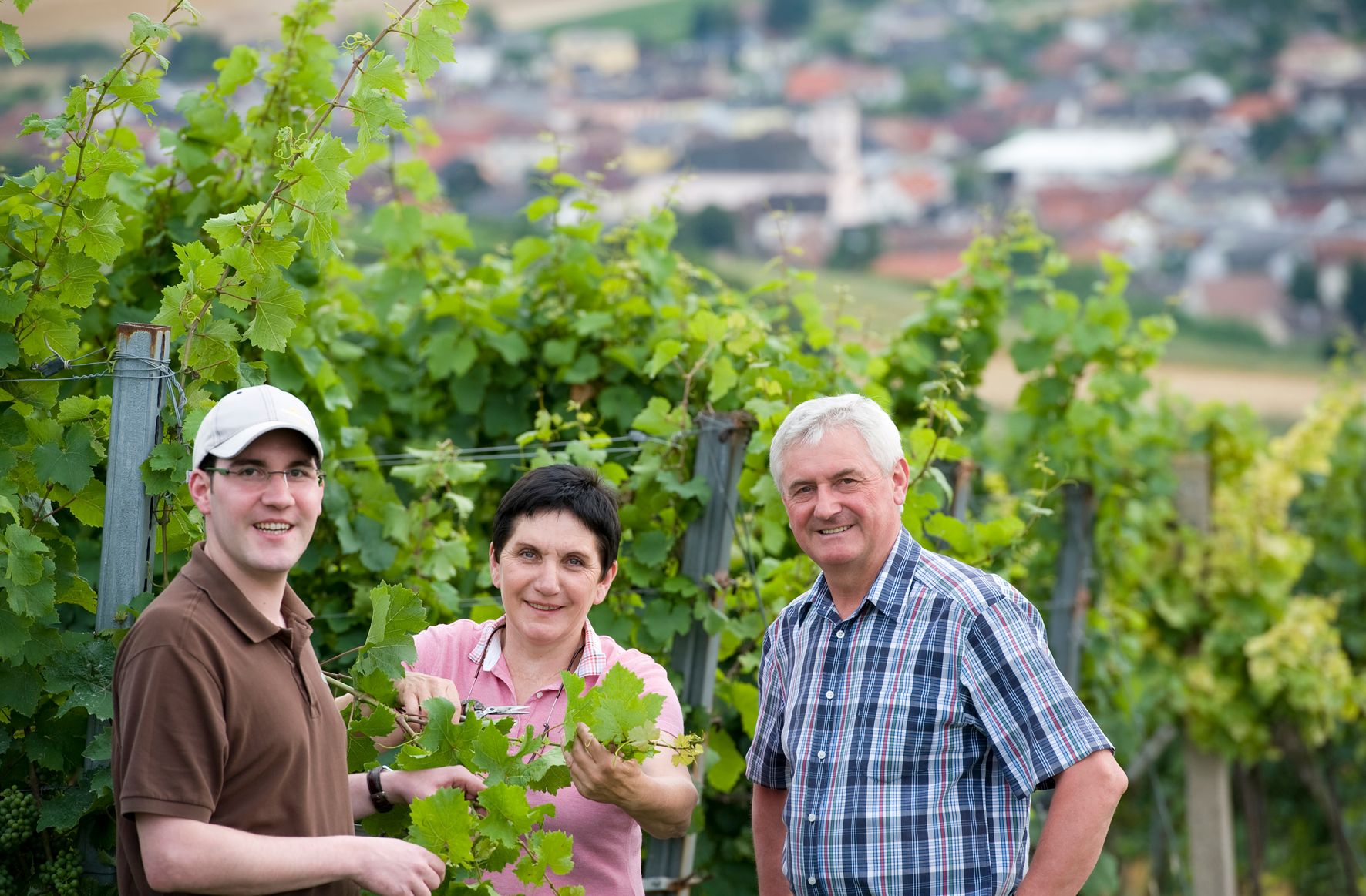 Three people are standing in a vineyard with green vines in the foreground and a blurred town in the background.
