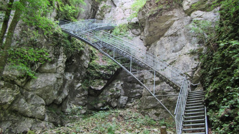 Metal stairs in a rocky gorge with green vegetation.