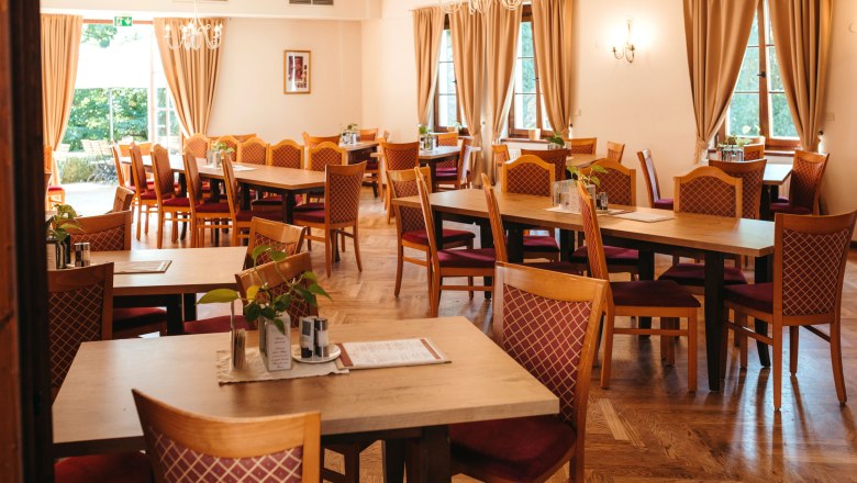 A cozy restaurant with wooden tables and upholstered chairs, decorated with plants and menus.