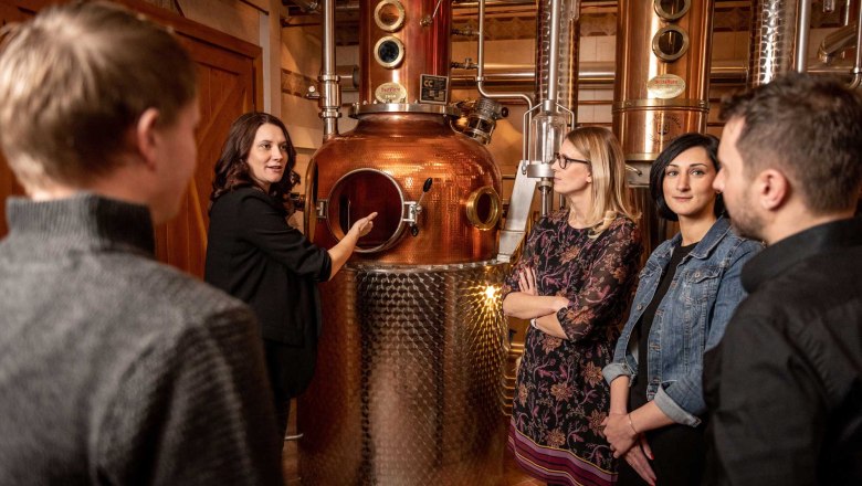 Group of people in a distillery being given a guided tour.
