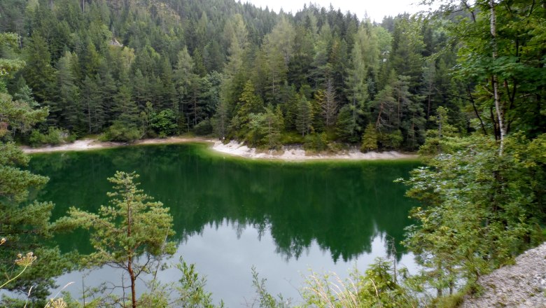 A small, green lake surrounded by dense coniferous forests.