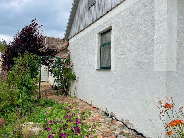 Exterior view of a house with a white wall, garden and flowers.