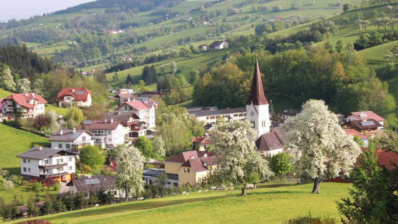 Rural landscape with church and blossoming trees.