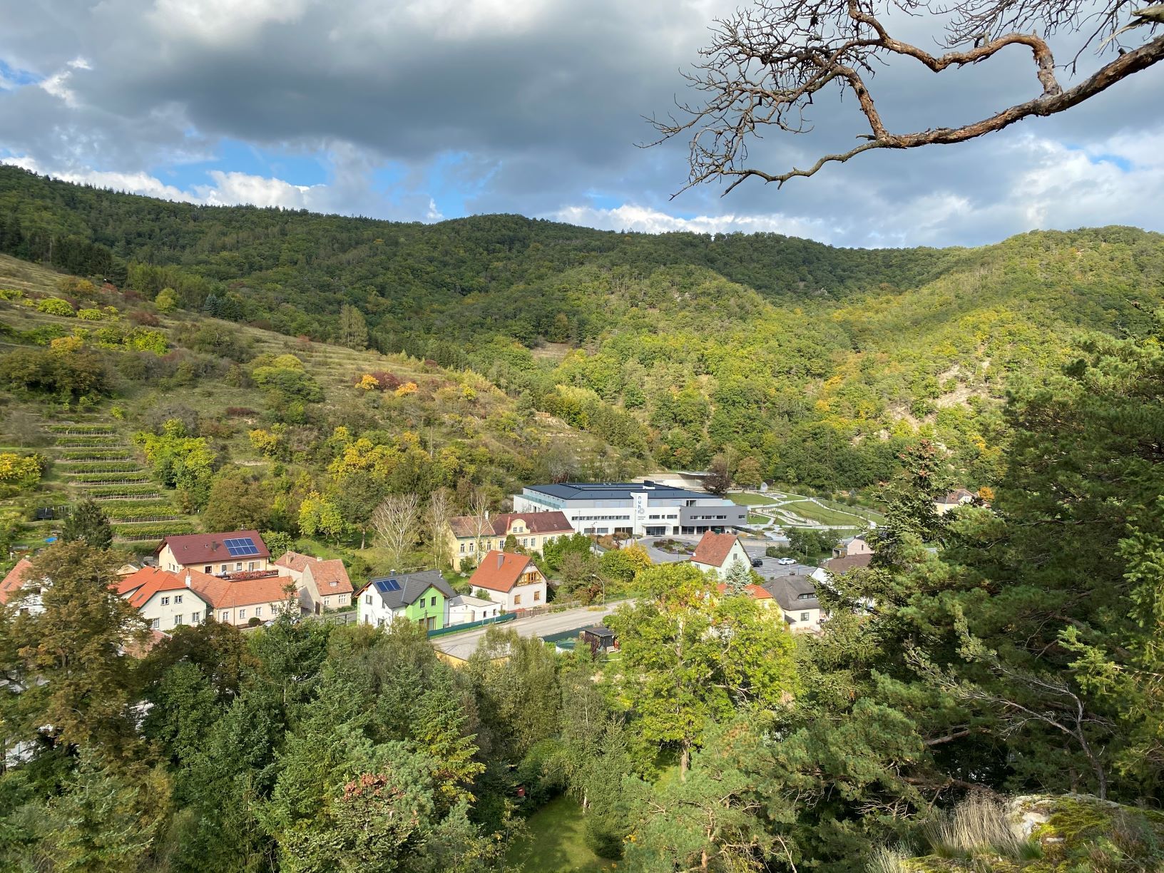 View from Joschi Rock of a village with houses and wooded hills in the background.