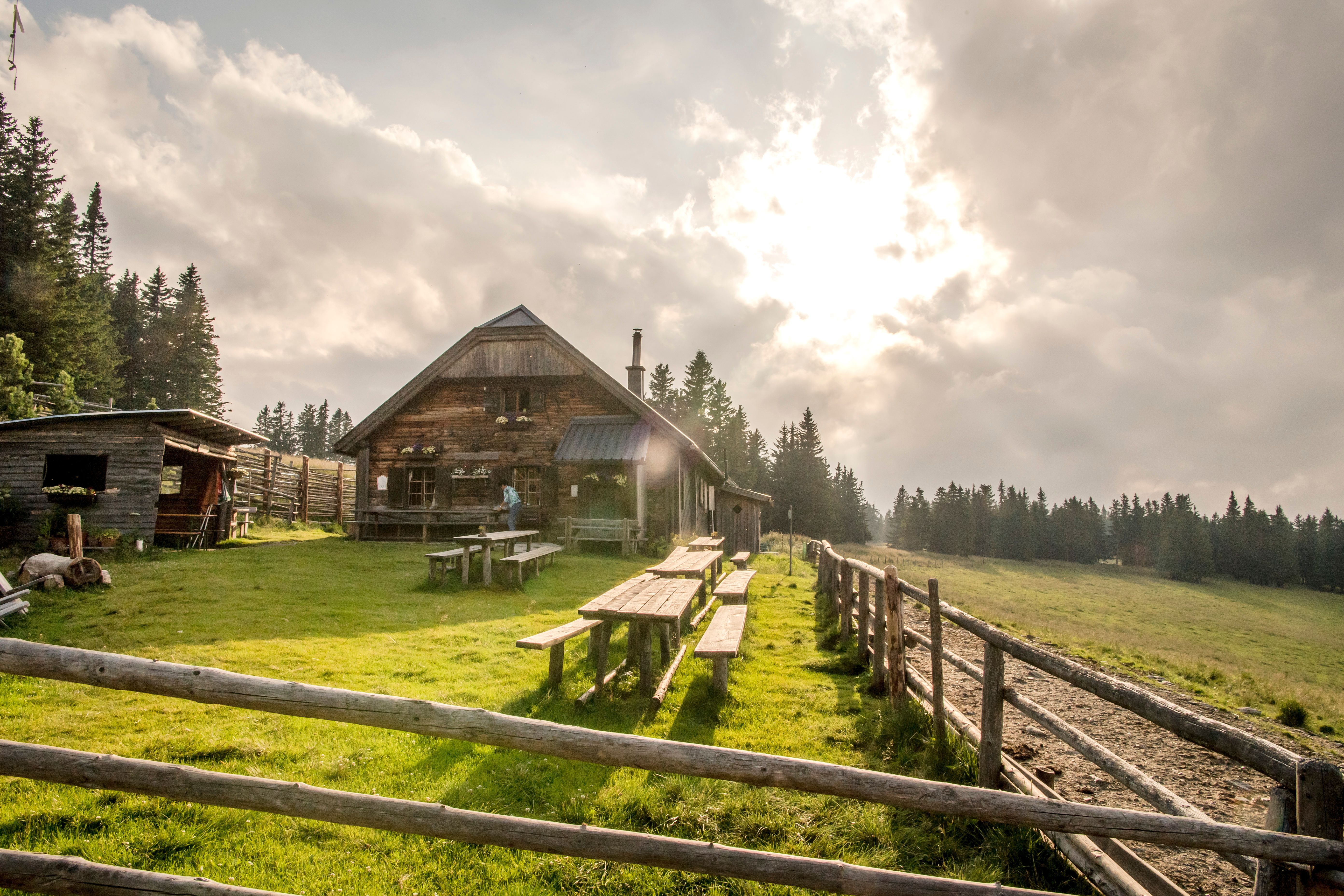 Alpine hut with wooden tables on a meadow, surrounded by forest, under a cloudy sky.