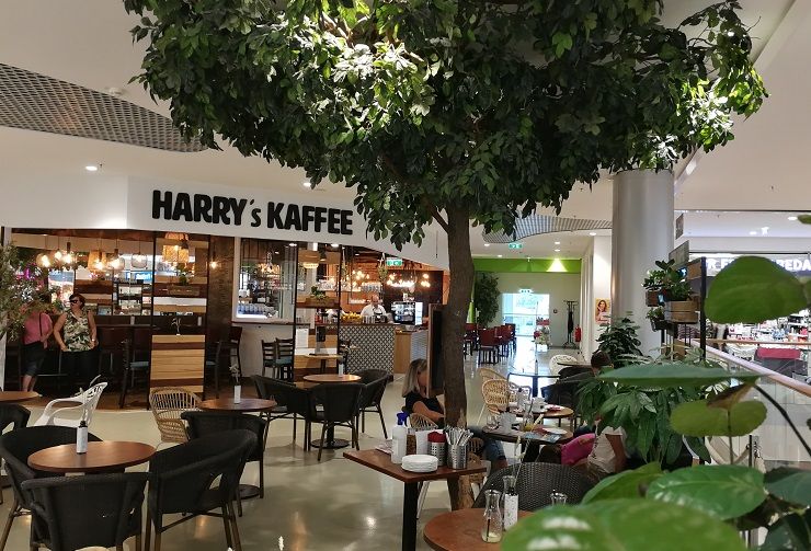 Interior view of a café called Harry's Kaffee with tables, chairs and a large artificial tree.