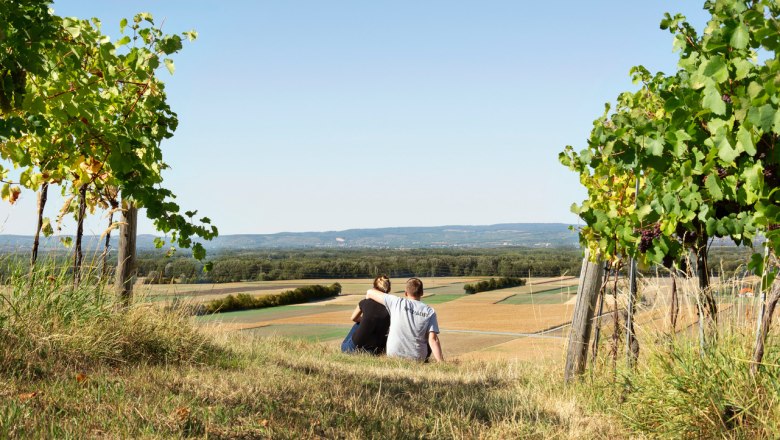 A couple sits on a hill between vines and looks out over a wide landscape with fields and hills in the background.