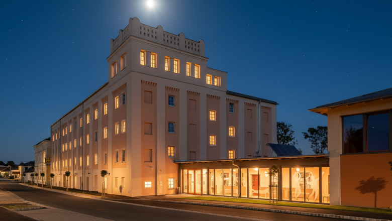 Landhotel Schustermühle, © Austria-Best-Hotels An illuminated building at night with a bright moon in the sky.