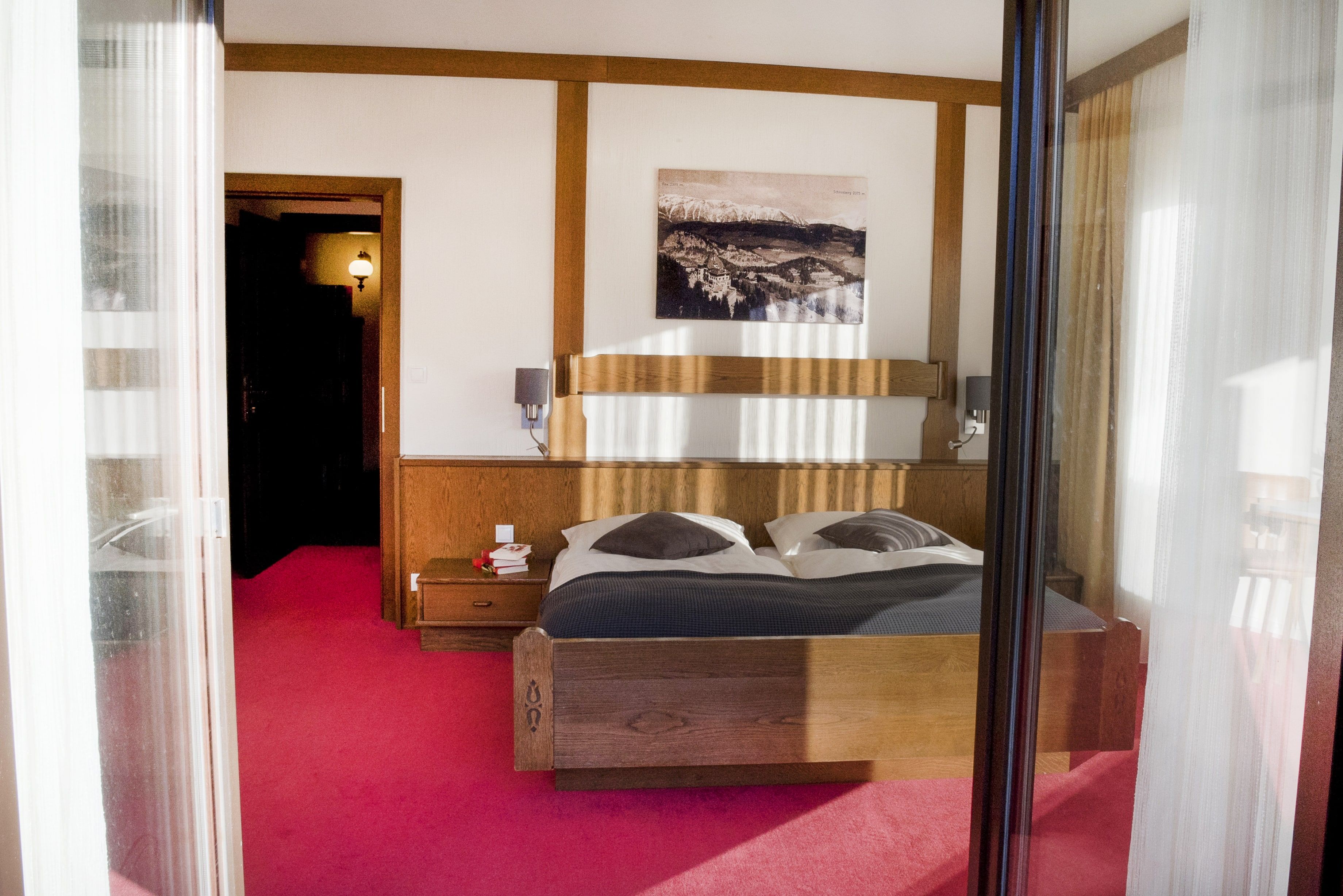 A cozy bedroom with a double bed, wooden furniture and a picture on the wall. The floor is covered with a red carpet.