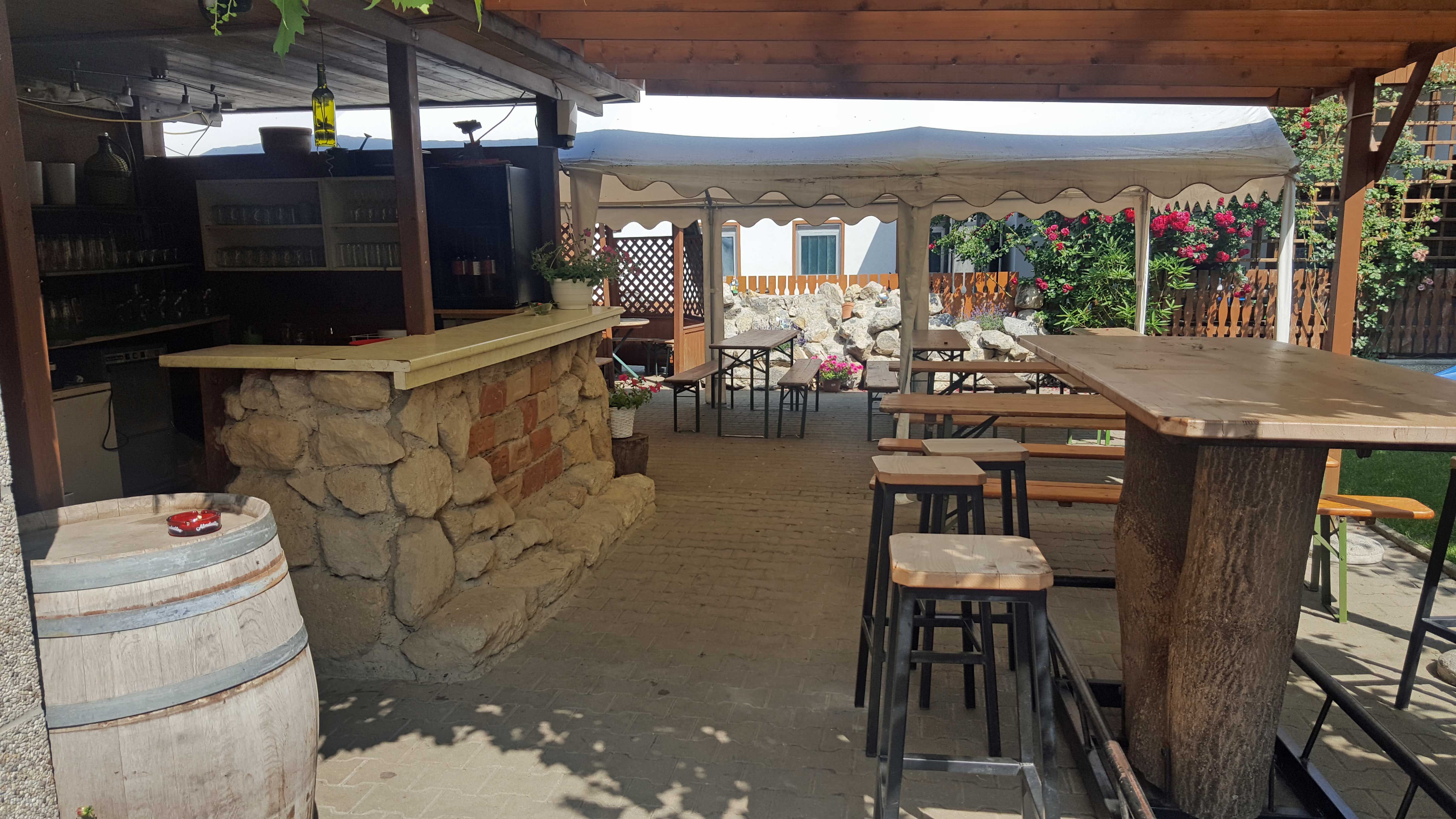 Cozy outdoor area of a Buschenschank (typical tavern) with wooden tables and benches, bar made of stone and wood, surrounded by flowers and plants.