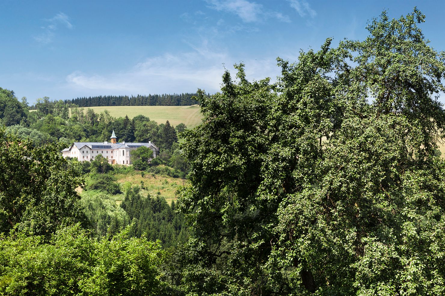 A large building in the middle of a green, wooded landscape under a blue sky.