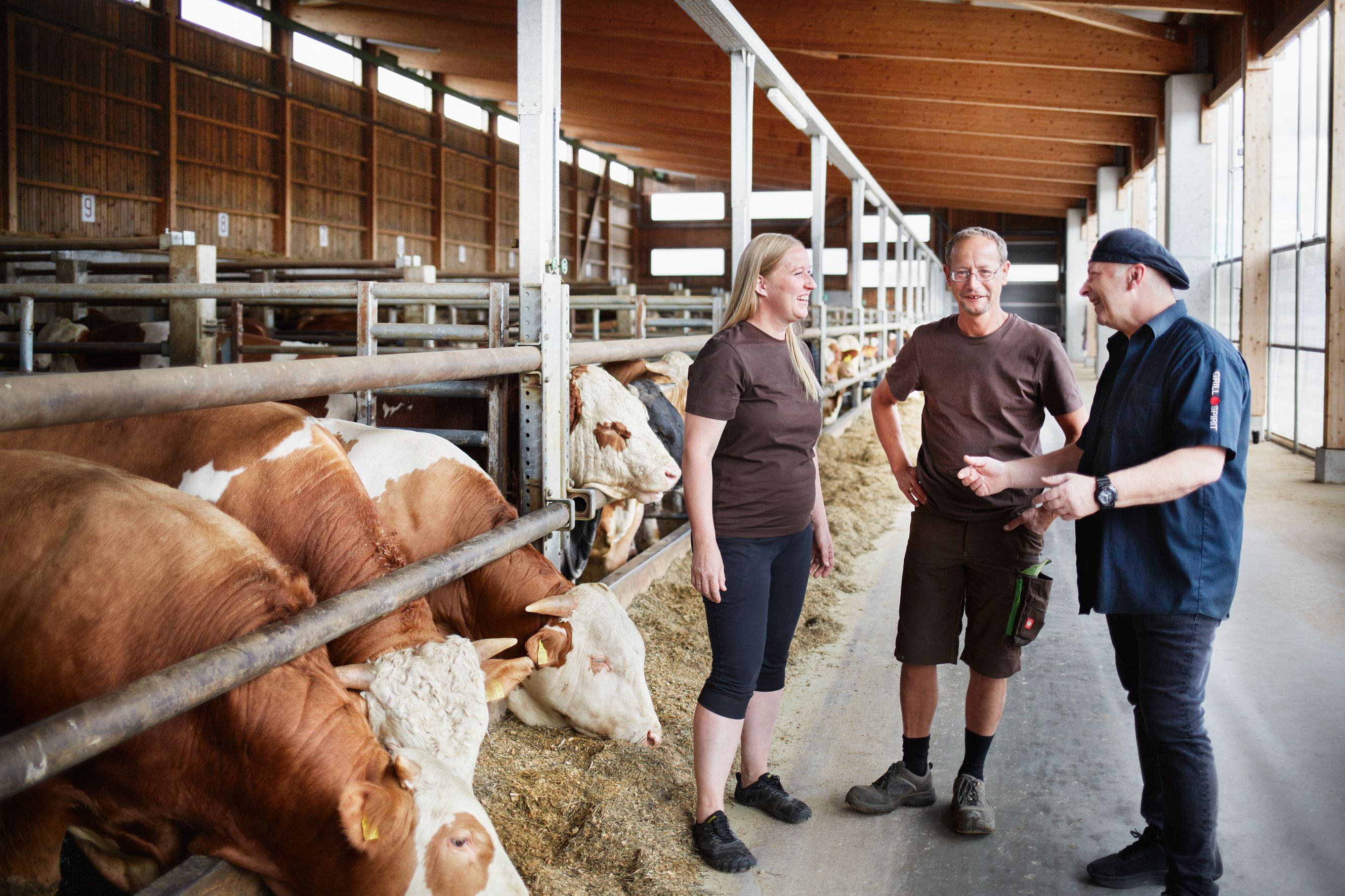Three people are standing in a modern cowshed and talking.