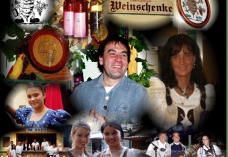 Collage of people in traditional clothing and wine signs.