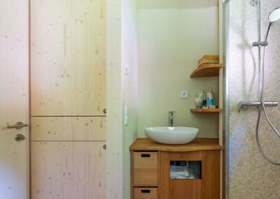 Small bathroom with wooden washbasin and shower.