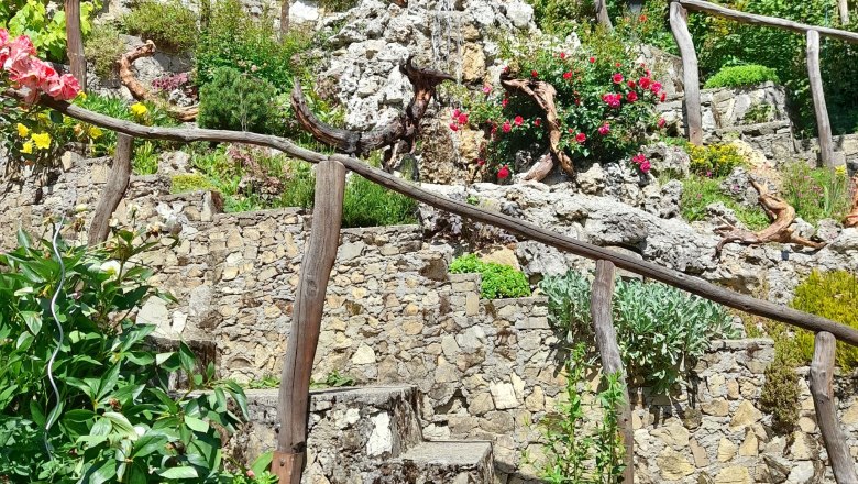 Rock garden with flowers, wooden railing and dog.