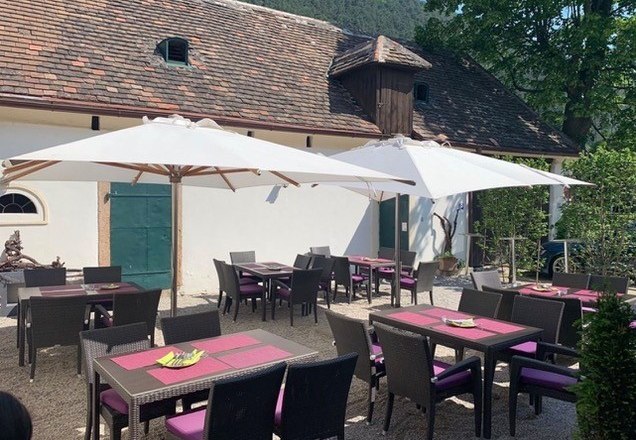 Guest garden with parasols