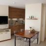 Modern garden apartment with kitchen, dining table and TV.