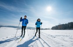 Two people cross-country skiing in a snowy landscape under a blue sky and sunshine.