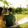 A couple sits in a hammock in the garden, surrounded by vines, enjoying a glass of wine.
