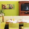 Cozy dining area with green walls, wooden furniture and a TV.