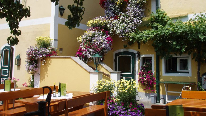 A sunny guest garden with wooden benches and tables, surrounded by blooming flowers next to a yellow building.