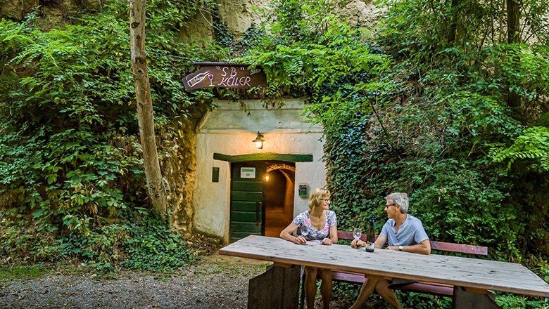 Two people are sitting at a wooden table in front of a wine cellar in the countryside.