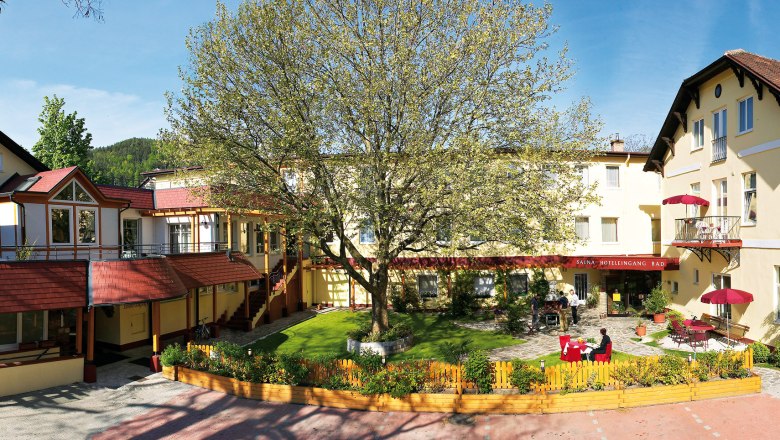Exterior view of the Hotel Payerbacherhof with a large tree in the courtyard.