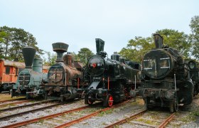 Old steam locomotives outdoors on rails at the Strasshof Railway Museum.