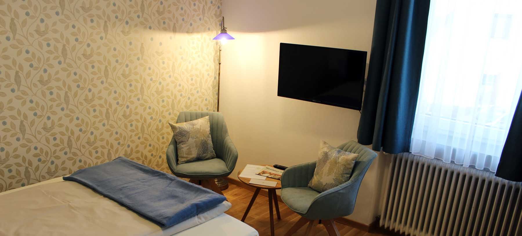 Room with bed, table with two chairs, TV, window with blue curtains and floor lamp.