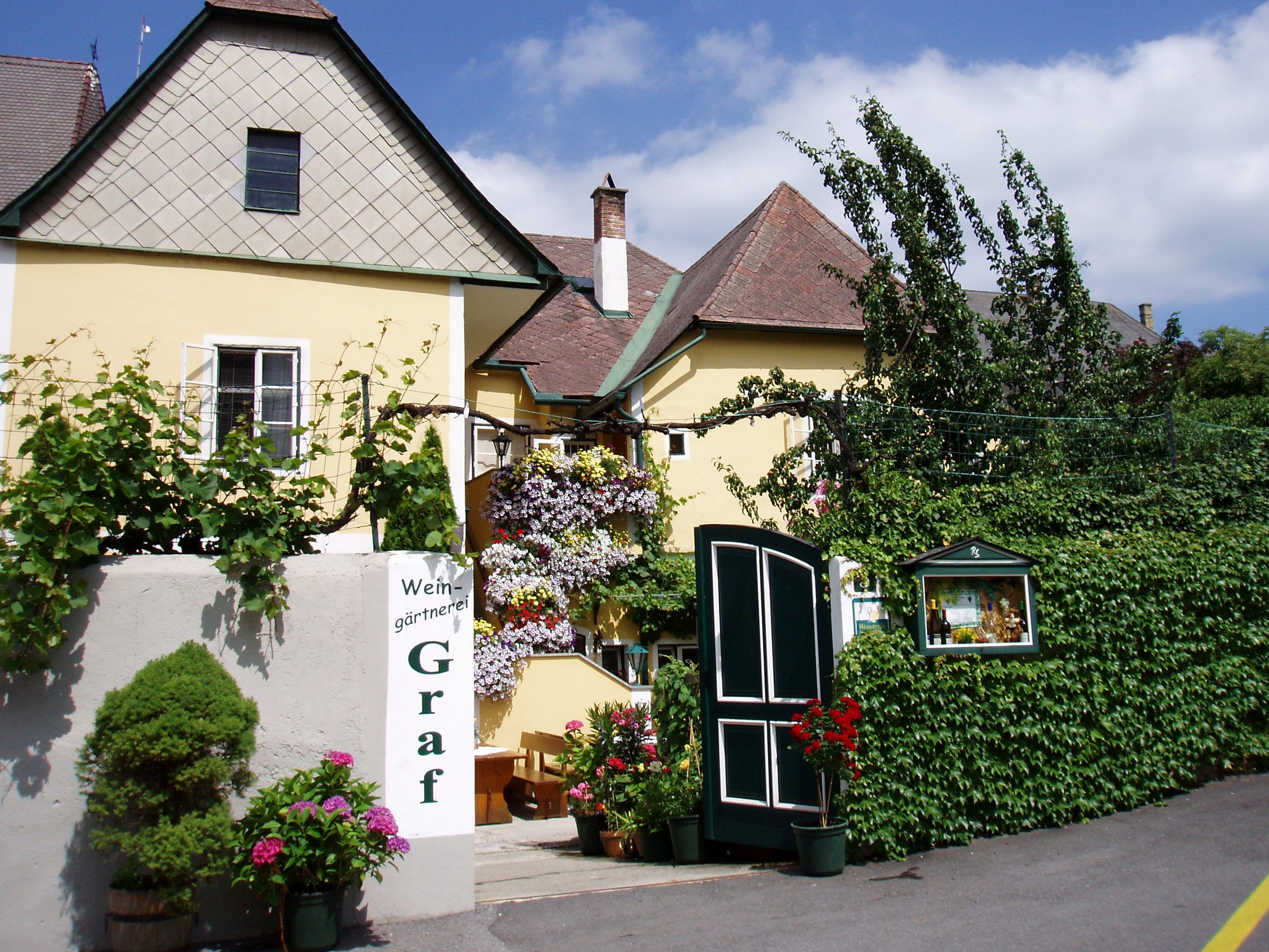Exterior view of a yellow building with plants and flowers.