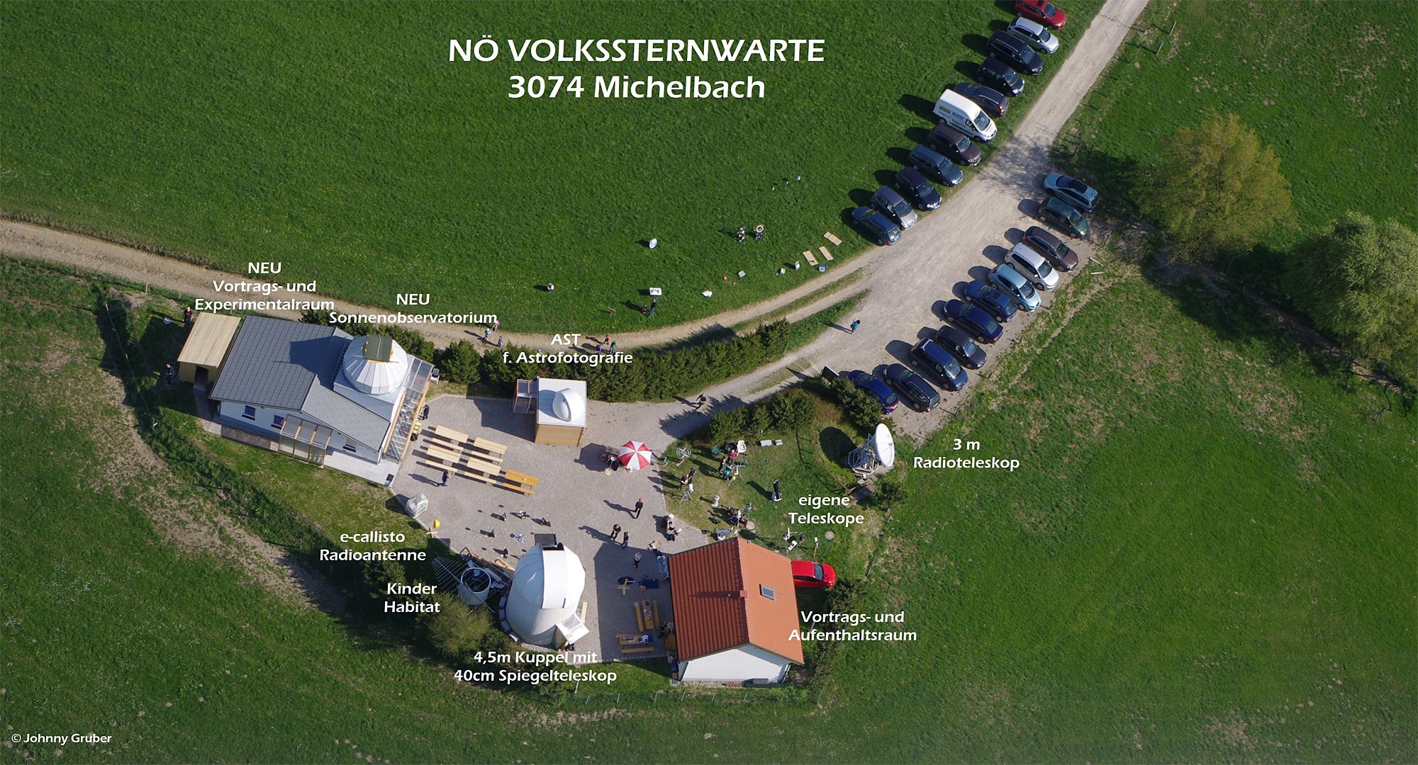 Aerial view of the Michelbach observatory with buildings, telescopes and parked cars.