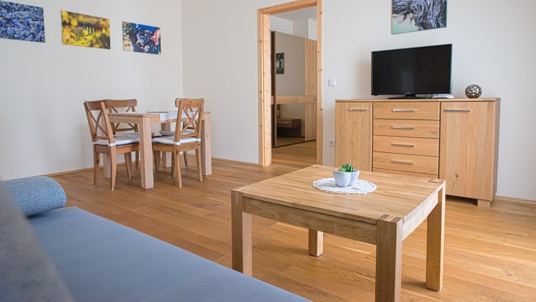A modern guest room with wooden furniture, a table, chairs, a TV and murals.