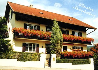 A two-storey house with red flowers on the balconies, labeled 'Pension Steinkellner'.
