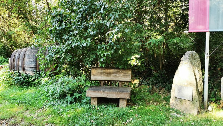 Wooden bench next to a stone with an inscription in the greenery.