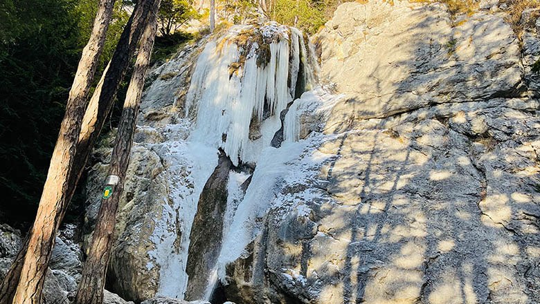 A frozen waterfall in a rocky landscape with trees in the foreground.