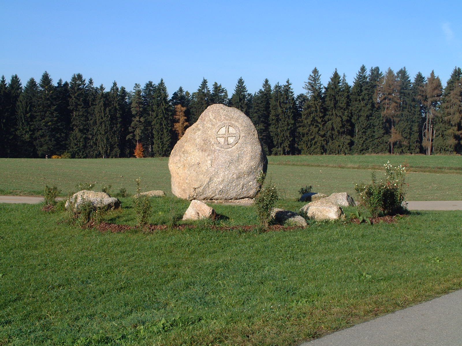Large stone with engraved symbol on a meadow, surrounded by smaller stones and plants, with a forest in the background.