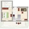 Floor plan of an apartment with bedroom, bathroom, kitchen and living room.