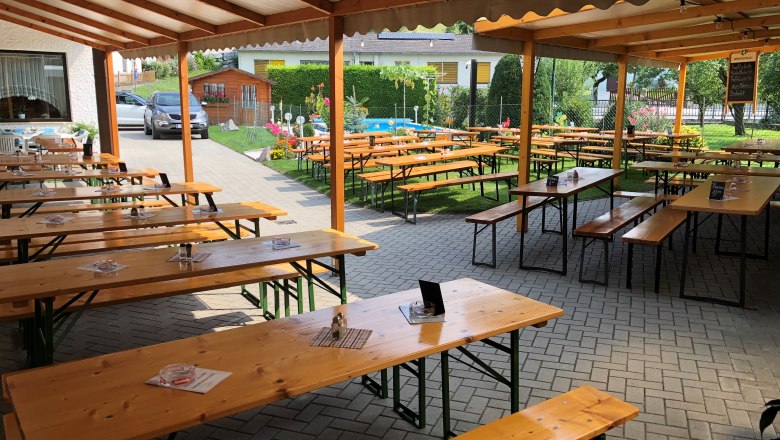 Überdachter Außenbereich eines Heurigen mit Holzbänken und Tischen.